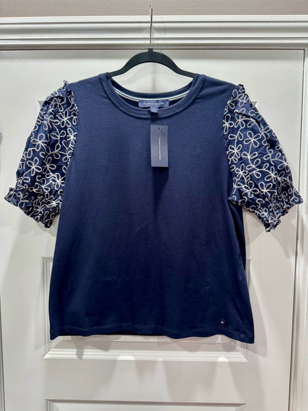 Tommy Hilfiger Navy Short-Sleeve Top with Embroidered Puff Sleeves